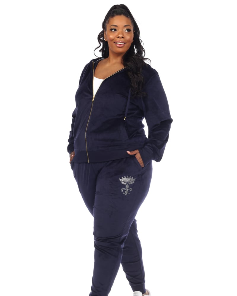 Rhinestone 2 Piece Velour Tracksuit Set Navy